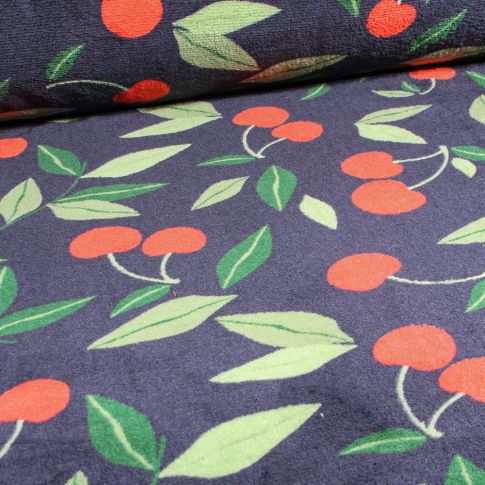 Tissu Doudou Cerises sur fond Bleu marine