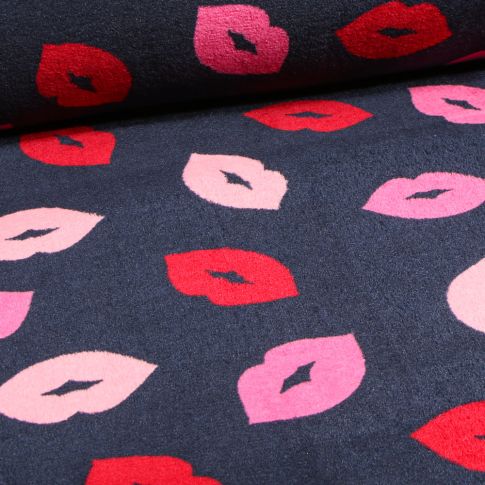 Tissu Doudou Bisous Bisous sur fond Bleu marine
