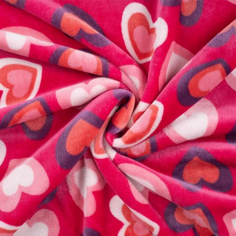 Tissu Doudou imprimé Coeurs sur fond Rose fuchsia