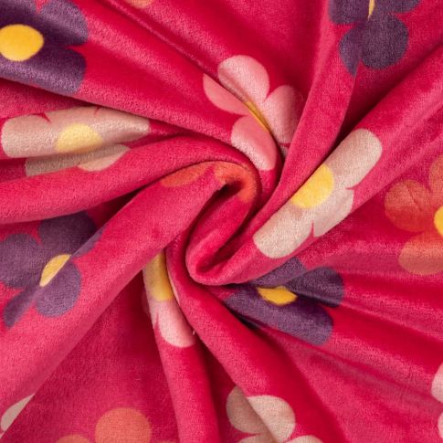 Tissu Doudou imprimé Grandes fleurs sur fond Rose fuchsia