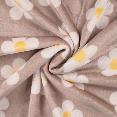 Tissu Doudou imprimé Grandes fleurs sur fond Beige