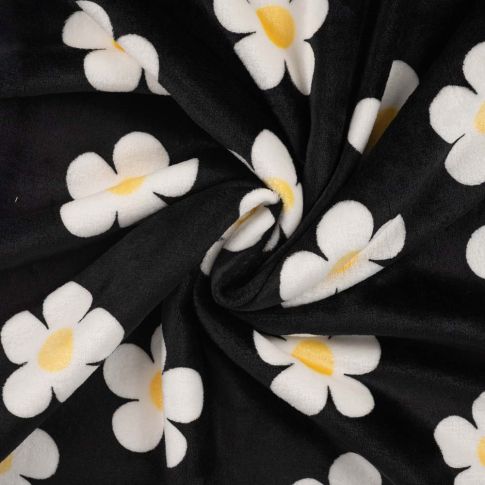 Tissu Doudou imprimé Grandes fleurs sur fond Noir