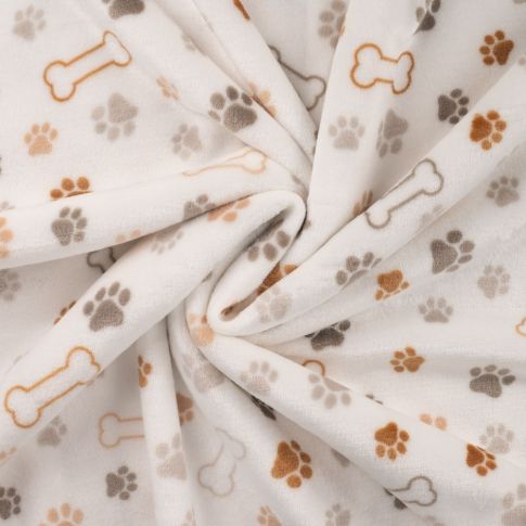 Tissu Doudou imprimé Patte de chien et os sur fond Blanc cassé