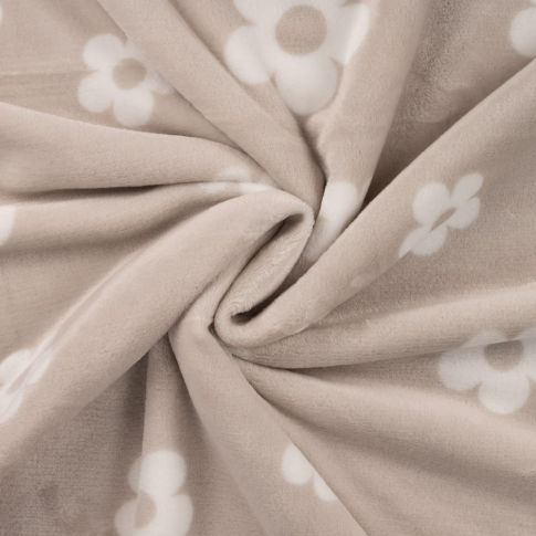 Tissu Doudou imprimé Fleurs blanches sur fond Beige