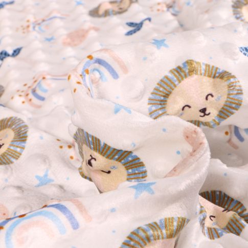 Tissu Minky Ultra doux Pois Lion et arc en ciel bleu sur fond Blanc