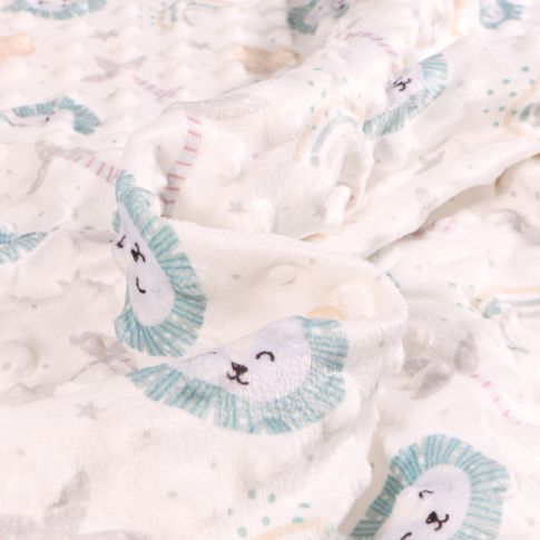 Tissu Minky Ultra doux Pois Lion et arc en ciel menthe sur fond Blanc
