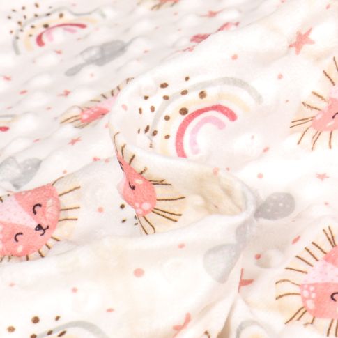 Tissu Minky Ultra doux Pois Lion et arc en ciel rose sur fond Ecru