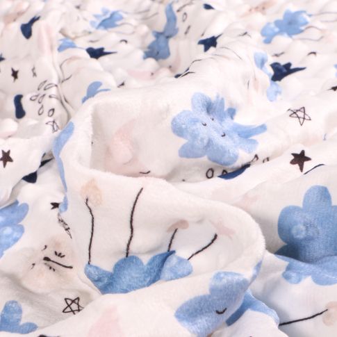 Tissu Minky Ultra doux Pois Rainy bleu sur fond Blanc cassé