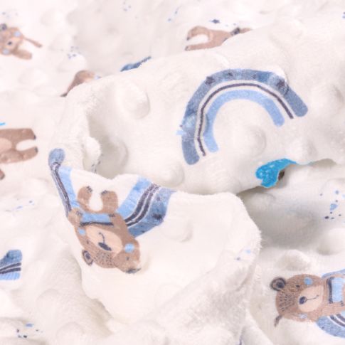Tissu Minky Ultra doux Pois Teddy bleu sur fond Blanc