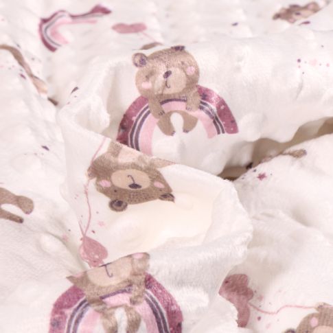 Tissu Minky Ultra doux Pois Teddy rose sur fond Blanc