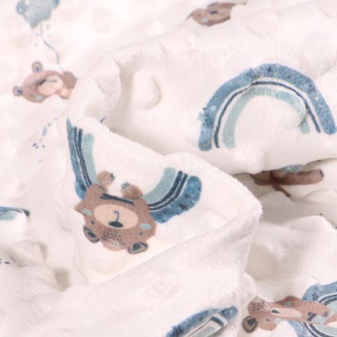 Tissu Minky Ultra doux Pois Teddy bleugris sur fond Blanc
