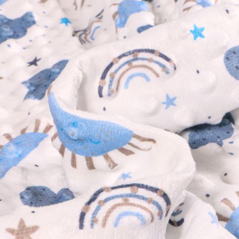 Tissu Minky Ultra doux Pois Nuage soleil bleu sur fond Blanc