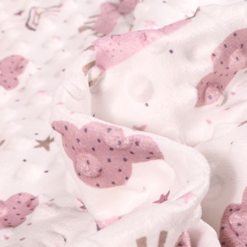 Tissu Minky Ultra doux Pois Nuage soleil rose sur fond Blanc