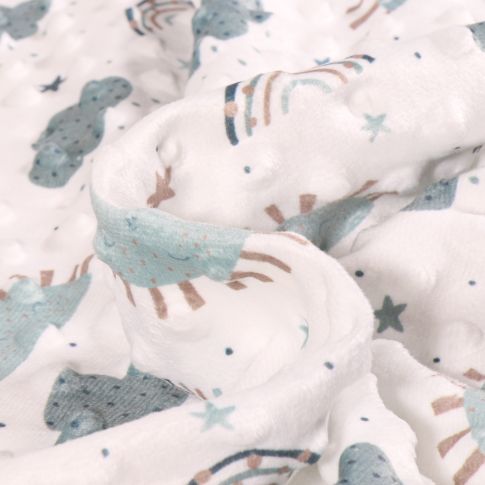 Tissu Minky Ultra doux Pois Nuage soleil bleugris sur fond Blanc