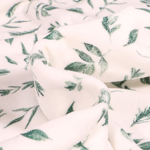 Tissu Jersey Velours tout doux Feuillages vert sur fond Blanc cassé