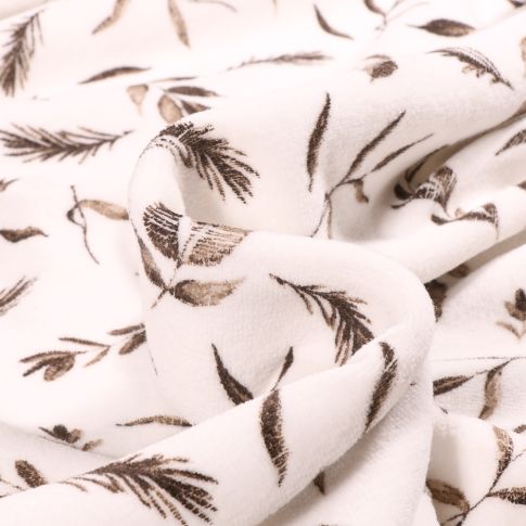 Tissu Jersey Velours tout doux Feuillages marron sur fond Blanc cassé