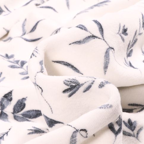 Tissu Jersey Velours tout doux Feuillages bleu sur fond Blanc cassé