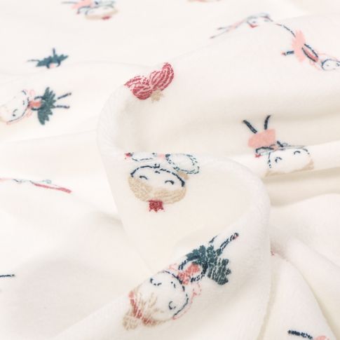 Tissu Jersey Velours tout doux Fée danseuse sur fond Blanc cassé