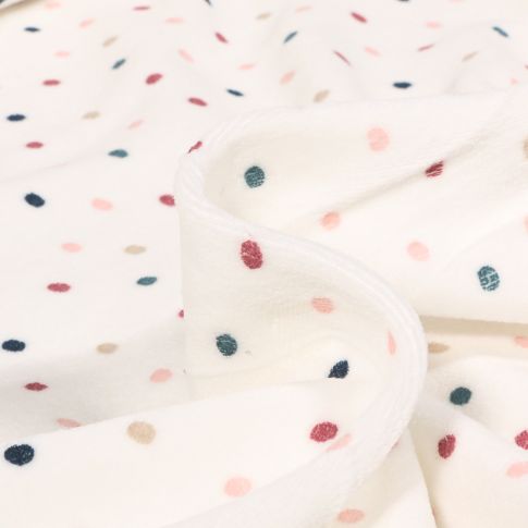 Tissu Jersey Velours tout doux Pois multicolores sur fond Blanc cassé