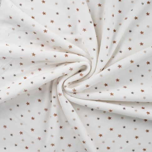 Tissu Jersey Velours tout doux Etoiles taupes et grises sur fond Blanc cassé