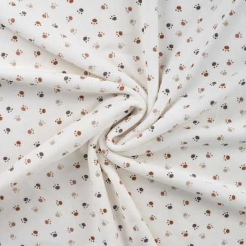 Tissu Jersey Velours tout doux Pattes de chien taupes et grises sur fond Blanc cassé