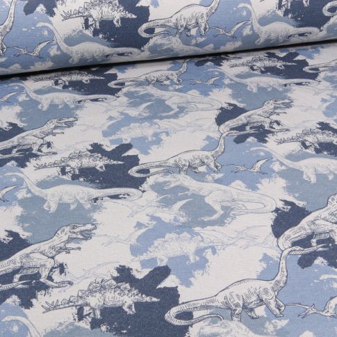 Tissu Sweat envers minky Dino sur fond Bleu