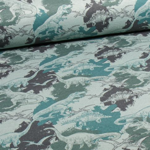 Tissu Sweat envers minky Dino sur fond Vert