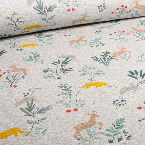Tissu Sweat envers minky Happy forest sur fond Gris chiné