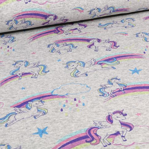 Tissu Sweat envers minky Licorne rainbow rose sur fond Gris chiné