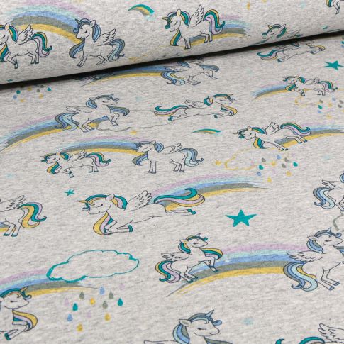 Tissu Sweat envers minky Licorne rainbow bleu sur fond Gris chiné