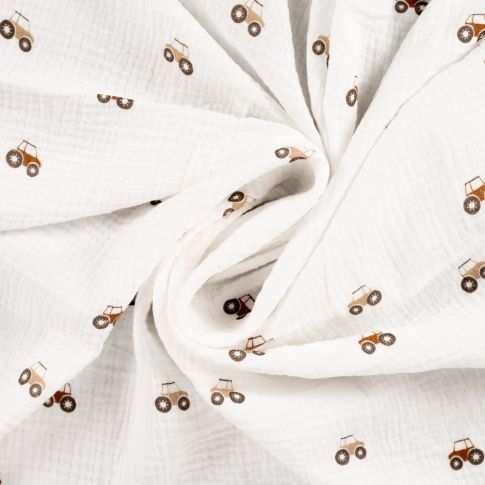 Tissu Double gaze de Coton Tracteurs sur fond Blanc cassé