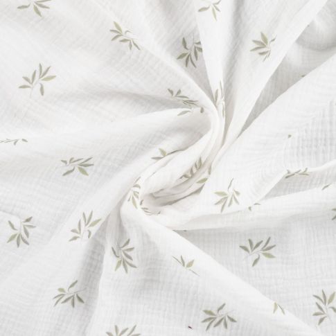 Tissu Double gaze de Coton Feuillages sur fond Blanc cassé