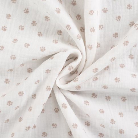 Tissu Double gaze de Coton Pattes de chien sur fond Blanc cassé