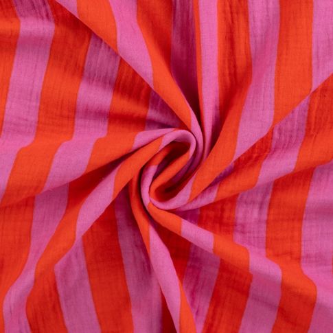 Tissu Double gaze de Coton Rayé Orange sur fond Rose fuchsia