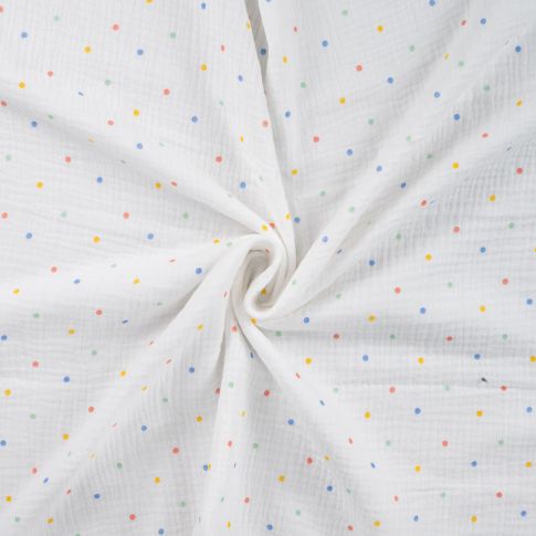 Tissu Double gaze de Coton Petits pois jaunes et bleus sur fond Blanc