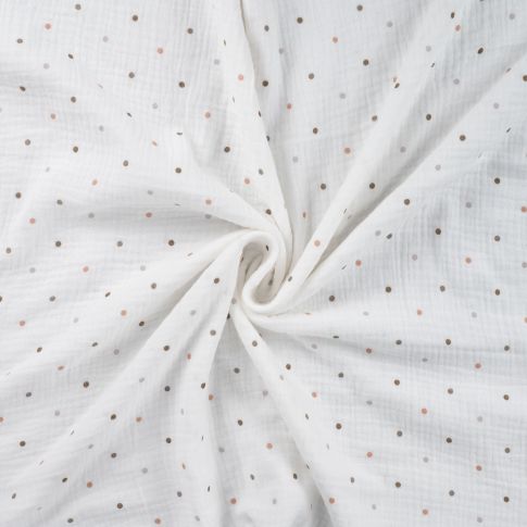 Tissu Double gaze de Coton Petits pois gris et marrons sur fond Blanc