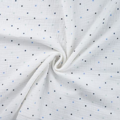 Tissu Double gaze de Coton Petits pois bleus sur fond Blanc