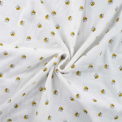 Tissu Double gaze de Coton Abeilles jaunes sur fond Blanc