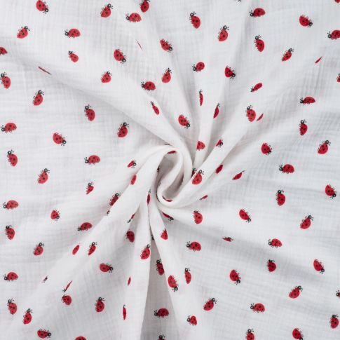 Tissu Double gaze de Coton Coccinelles rouges sur fond Blanc
