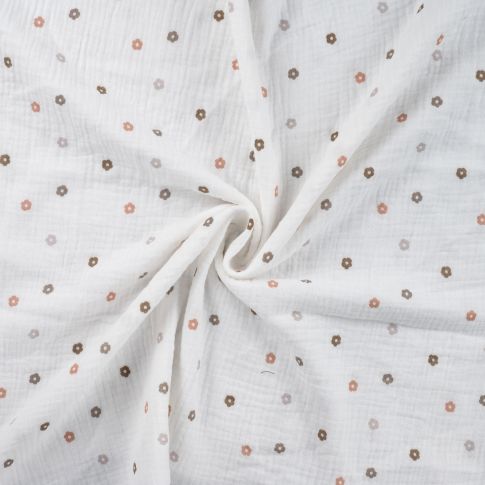 Tissu Double gaze de Coton Petites fleurs grises et marrons sur fond Blanc