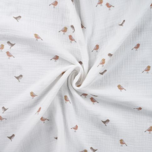 Tissu Double gaze de Coton Oiseaux Lua sur fond Blanc
