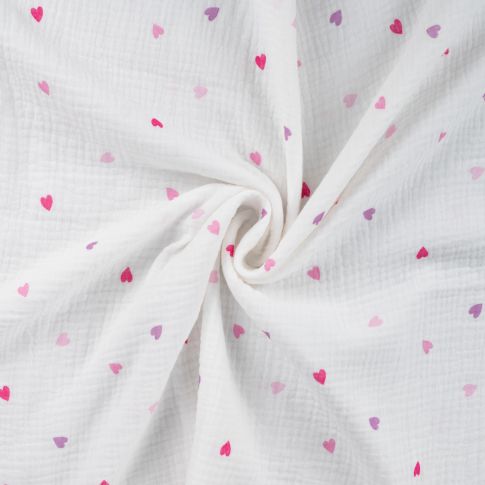 Tissu Double gaze de Coton Petites coeurs roses et parmes sur fond Blanc