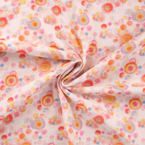 Tissu Double gaze de Coton Digital Ronds sur fond Pêche