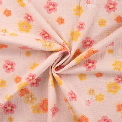 Tissu Double gaze de Coton Digital Fleurs jaunes et roses sur fond Saumon