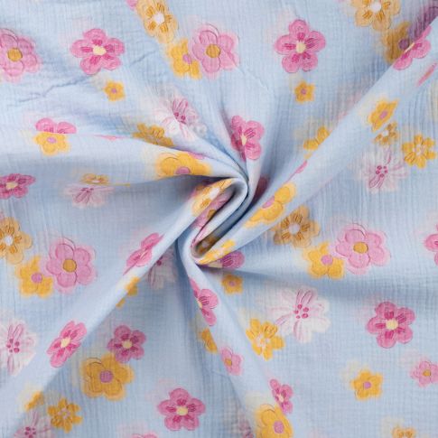 Tissu Double gaze de Coton Digital Fleurs roses et jaunes sur fond Bleu ciel