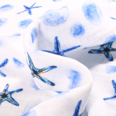 Tissu Double gaze Etoiles de mer bleu sur fond Blanc