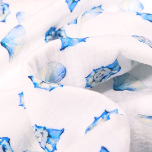 Tissu Double gaze Coquillage bleu sur fond Blanc