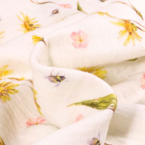 Tissu Double gaze Fleurs et abeilles  sur fond Blanc cassé