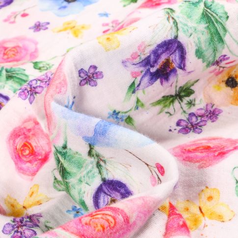 Tissu Double gaze Pensée multicolores sur fond Blanc