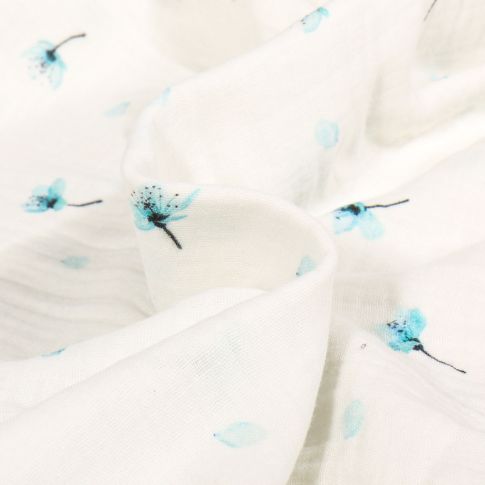Tissu Double gaze Flowers blue sur fond Blanc